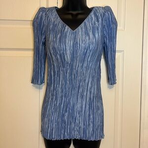 Mary McFadden Vintage Pleated Top Light Blue Puff Shoulder 3/4 Sleeve